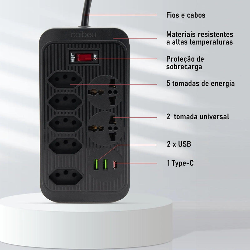 Extensão com USB, Filtro de Linha, Extensão Elétrica, USB Tipo C 2M , Filtro de Linha Brasil, Plugue, Tomadas de Água - V-trine